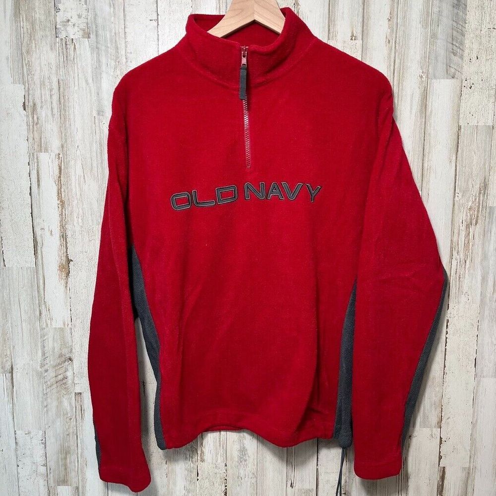Vintage Y2K Old Navy Embroidered Fleece Quarter Zip Sweater Red Gray Mens Medium